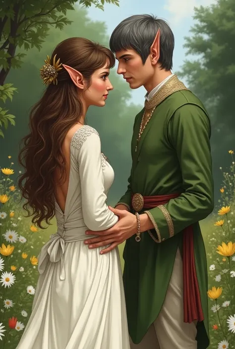  Spock from Star Trek with brown eyes, a young man wearing a white medieval tunic and white pants he is on the side of his wife with long and brown curly hair and green eyes and pointed ears in a medieval white wedding dress,  he is greeted by his father, ...