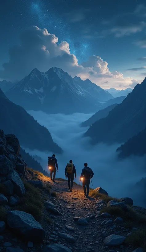 a dramatic night landscape, 3 men hiking through a mountainous terrain at night, flashlights illuminating the path, dramatic lighting and shadows, detailed character designs, rugged outdoor gear, beautiful starry sky, dramatic clouds, moody atmosphere, cin...