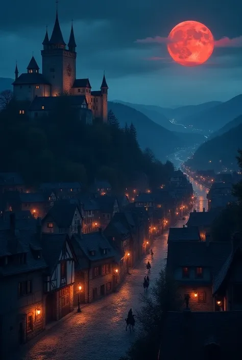 Create a medieval kingdom seen from above the city at night with a not so big red moon in the sky 
