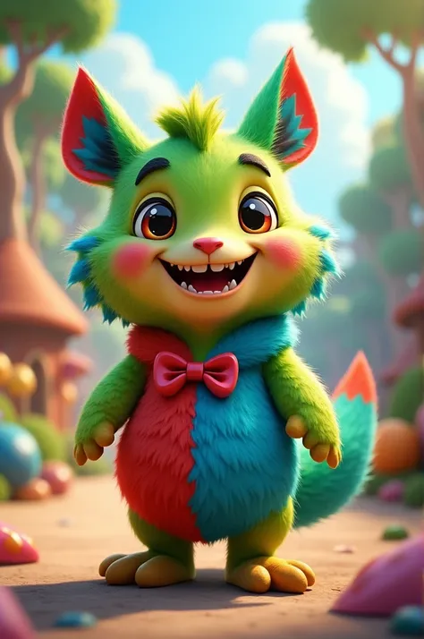 A mascot character with a green, blue and red color palette 