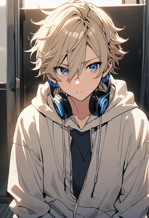 male、solo、、Beige Hair、 wave hairstyle、Semi-long、、dark blue eyes、cool、male、 20th Generation、  hoodie, ,comical、Headphones、