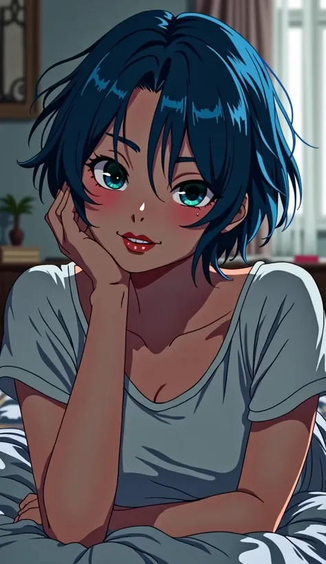 a super beautiful woman wearing a t-shirt, 1girl, short blue hair, messy marla singer hair, fight club ambience, (wearing t-shirt), bedroom background, anime style, square face, sexy smile, huge boobs, black eyes, sensual face, lying in bed, Boca aberta, n...