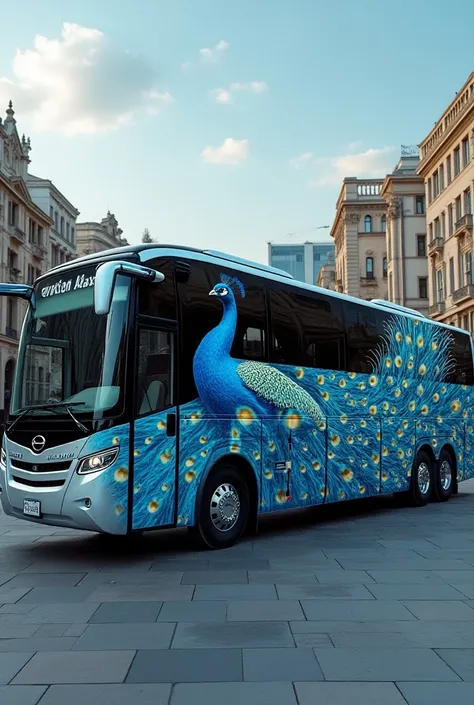 Create a vip ac tourist bus in bule and white color peacock drawn in its outer part that gives catchy looks unique color texture attractive unique can be viewed from all angle side full bus view