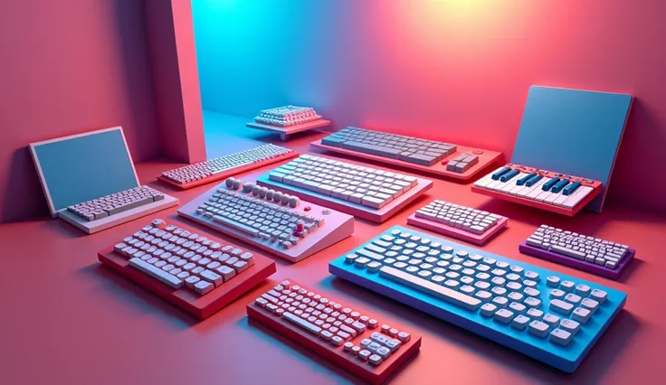 Many large and small keyboard in 3D colors.