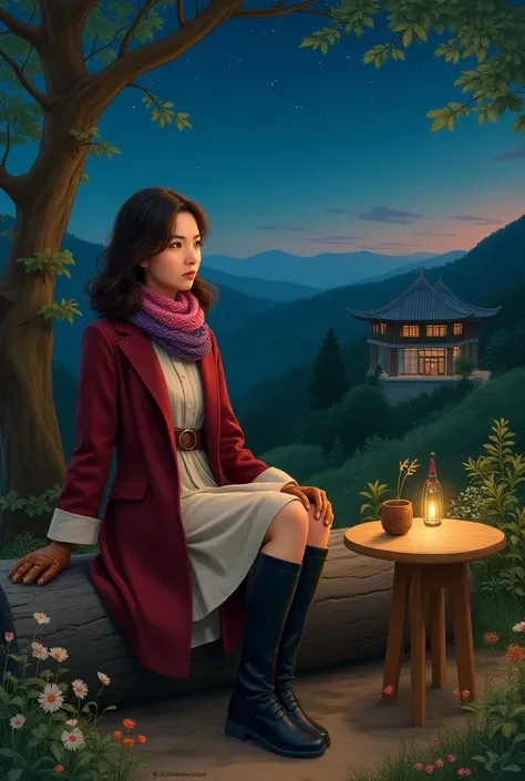 expressionism painting:  beautiful asian woman with shoulder length wavy brown hair sitting a log with a round table on the hill at night, looking at the sky full of stars.  wearing maroon knee length autumn korean fashion coat, knee length dresses wearing...