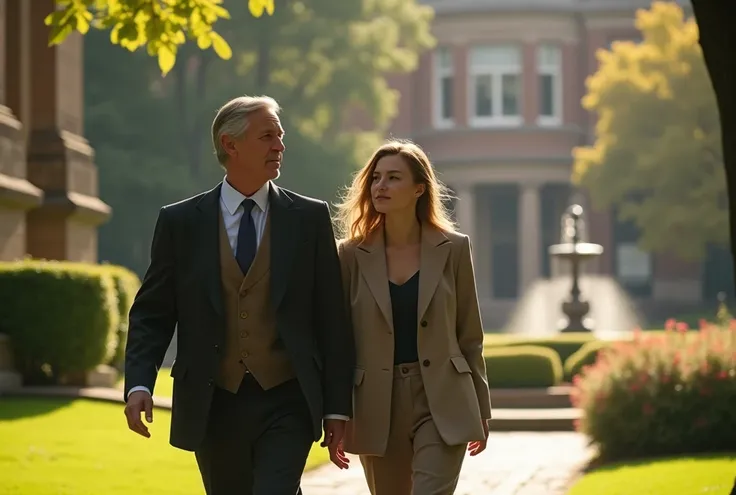 a professor walking with a female student on a university campus, high detailed, wide angle, cinematic lighting, elegant clothing, intricate details, photorealistic, 8k, dynamic composition, beautiful scenery, lush greenery, outdoor setting, warm color pal...