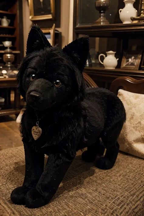 Parents returning small black wolf plush toy to antique store