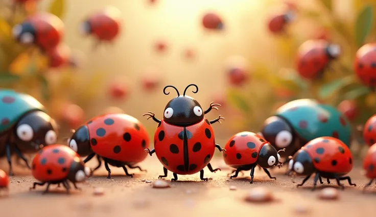 Many large and small ladybug in 3D colors.