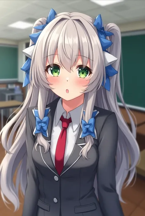 beautiful woman,  long hair with blue and white curlers, green eyes, Gray jacket red tie , classroom background , anime,blushing, looking to the side ,Realizing that they were watching them