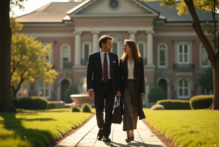 a professor walking with a female student on a university campus, high detailed, wide angle, cinematic lighting, elegant clothing, intricate details, photorealistic, 8k, dynamic composition, beautiful scenery, lush greenery, outdoor setting, warm color pal...