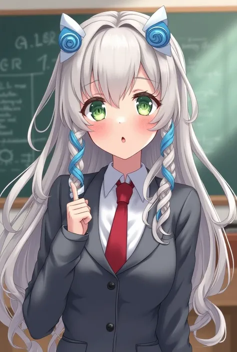 beautiful woman,  long hair with blue and white curlers, green eyes, Gray jacket red tie , classroom background , anime,blushing, looking to the side ,Realizing that they were watching them