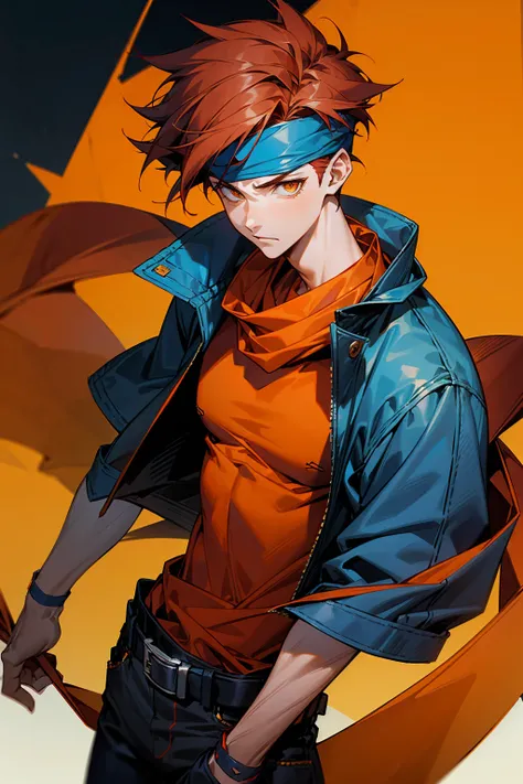 1male, Young Adult. Dark Red Hair, Spikey Hair, Short Hair, Amber Eyes, White Scarf, Low Cut Blue Jacket, Loose Orange T-Shirt, Black Jeans With Big Belt, Neutral Expression, Blue Headband, Messy Hair