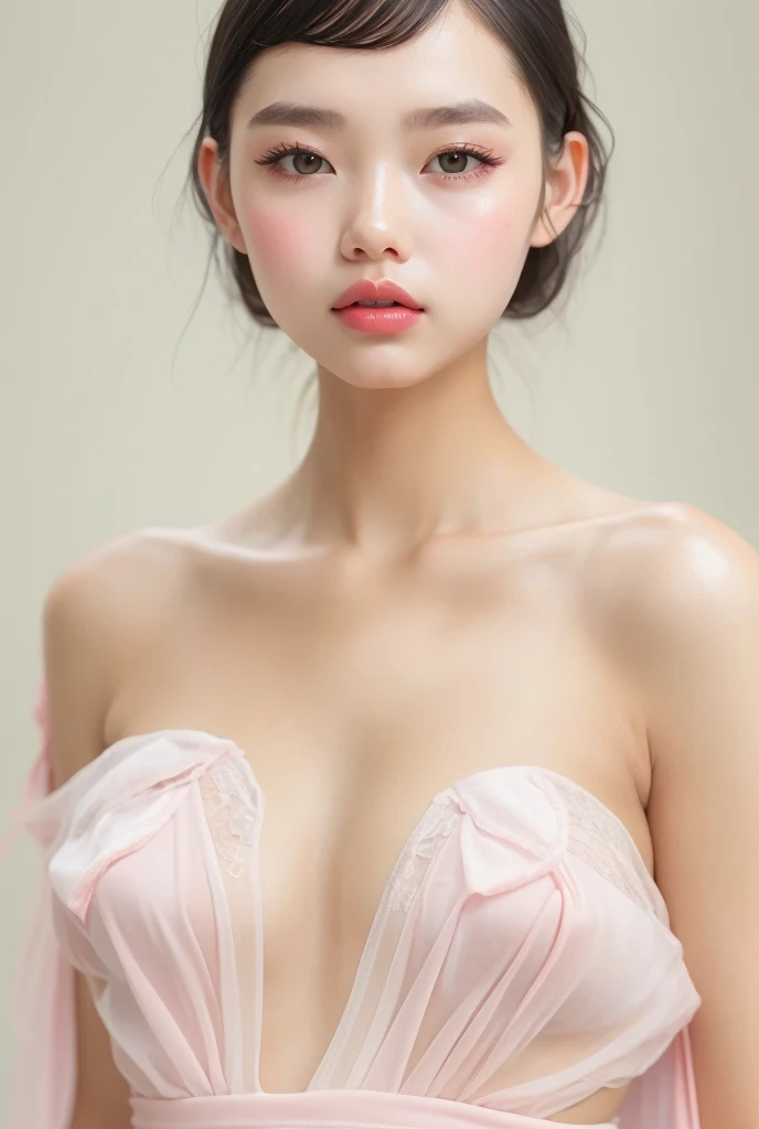 ((extremely realistic)), ( super real), generate a highly realistic image, white backdrop,,15-year-old female,毛先ピンク色のshort bob b...