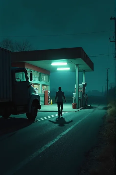 An empty gas station on the side of the road, lit by fluorescent lights, in contrast to the surrounding darkness. im very scared driver getting out of his a cargo truck. In the background, the silhouette of the woman dressed in a dirty and torn white long ...