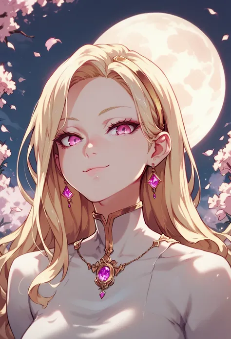 score_9, score_8_up, score_7_up, very aesthetic, 1girl, solo, blonde hair, moon, pink eyes, portrait, smile, closed mouth