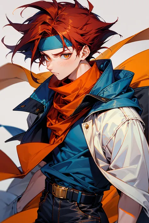 1male, Young Adult. Dark Red Hair, Spikey Hair, Short Hair, Amber Eyes, White Scarf, Low Cut Blue Jacket, Loose Orange T-Shirt, Black Jeans With Big Belt, Neutral Expression, Blue Headband, Messy Hair