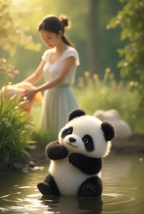 Beautiful chick washing clothes in the background a picture of a very pretty baby panda 