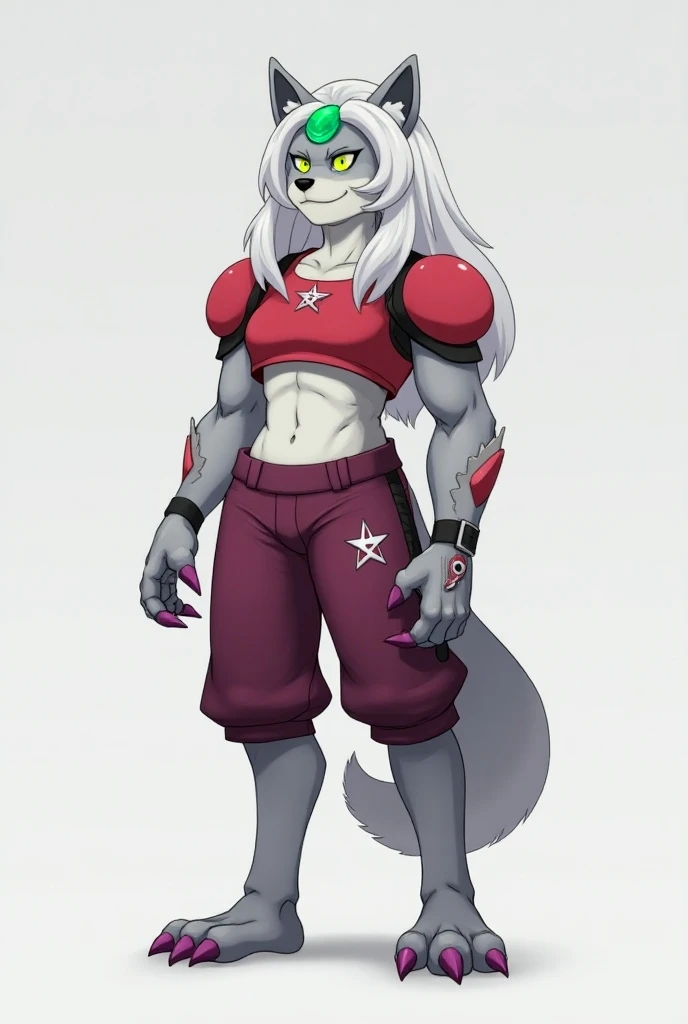 robot wolf; tipo furry;  gray color with white details ; red cropped and red shorts with black star design;  knee-length purple ; purple claws ;  red shoulder pads ;  long light gray hair with a green lock on the front; long hot