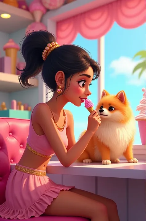 A indian girl who were a  pink short skirt  with golden belt and crop top  she eats icecream in the icecream store with her Pomeranian dog her hair is ponitail she use small earrings 