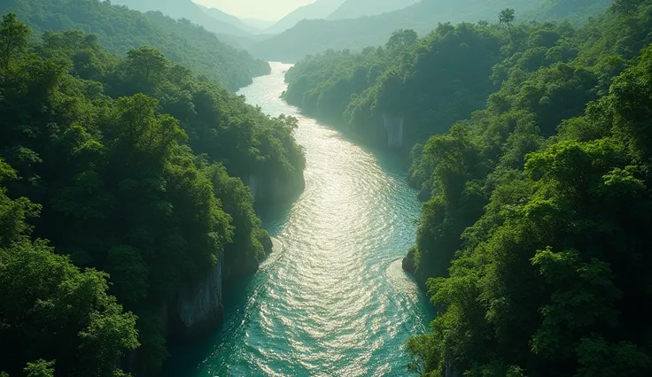 View the heavy rainlush forest from above, Be enchanted by the clear, sparkling waters of the river with its calm, steady flow..

Sunlight pours onto the water, Reflects an intense, brilliant glow. The sunlight dances on the water, Create a dazzling and me...