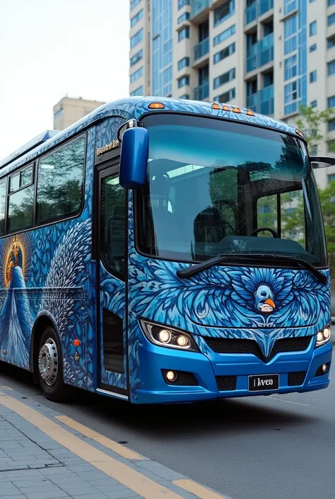 Create a vip ac tourist bus in bule and white color peacock image graffiti painting drawn in its outer part that gives catchy looks unique color texture attractive unique  side full bus view