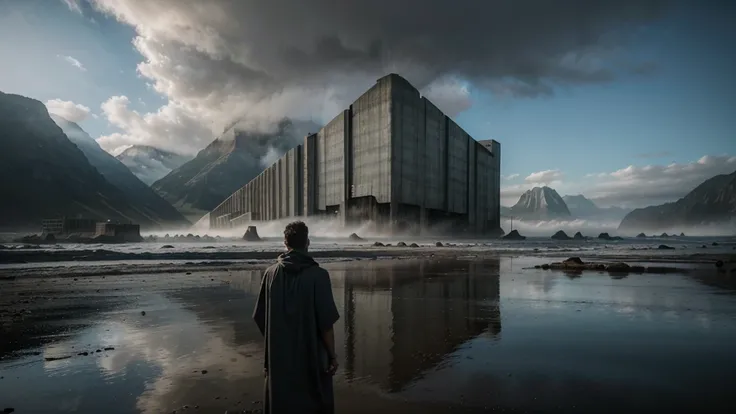 man in cape, Giant concrete warehouse, suspense, Science fiction, epic , sombrio, water, mountains, fog, Atmospheric, ethereal style 4k  