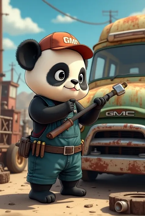 Generate for me the anime-style image of a panda with a tool in his hand .  Standing next to a GMC van and wearing a hat on his head over there 