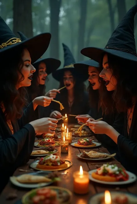 Group of witches eating beer tacos and consume