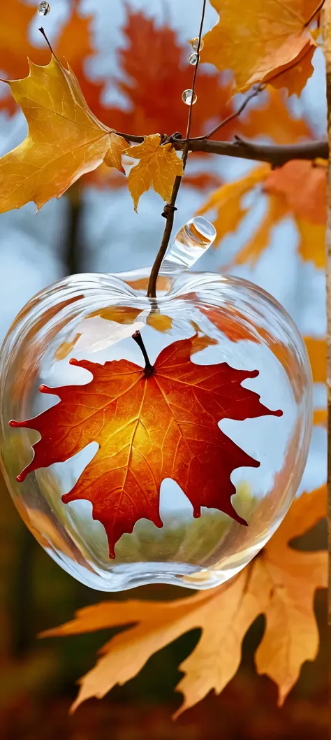 there is a glass apple shaped like a sheet hanging from a tree, beautiful autumnn spirit, autumnn season, 4 0 9 6, magical sheets falling, sheets e magia,  maple syrup highlights, Shiny leaves, Hyperrealistic fall , sheet, beginning of autumnn, in the autu...