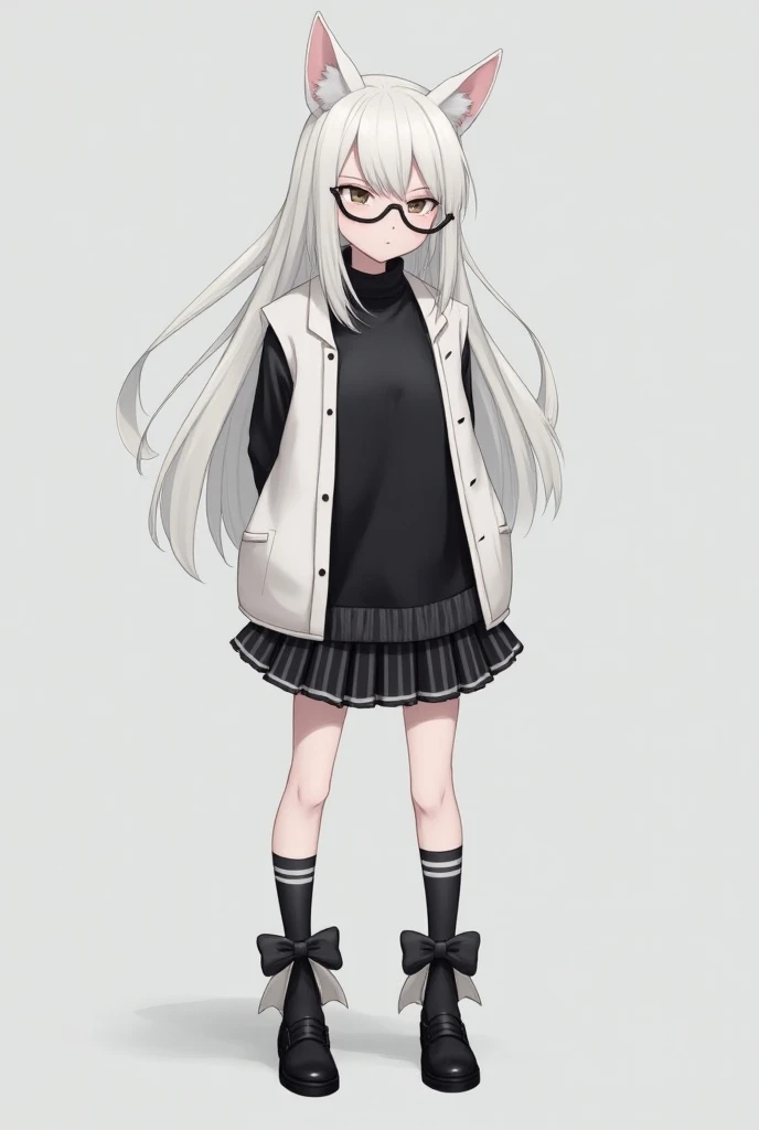 A neko girl with white neko ears and long white shoulder-length hair, a black sweater with white stripes and a black short skirt with white stripes, a white vest, voluminous knee socks with black bows on the sides, and black shoes with black oval glasses, ...