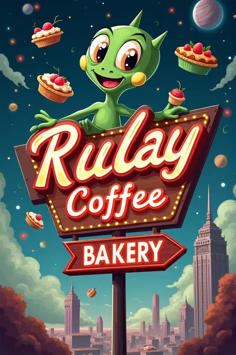 A sign that says: "Rulay Coffee  &  Denire Bakery "  that mix a coffee label,  aliens and desserts .