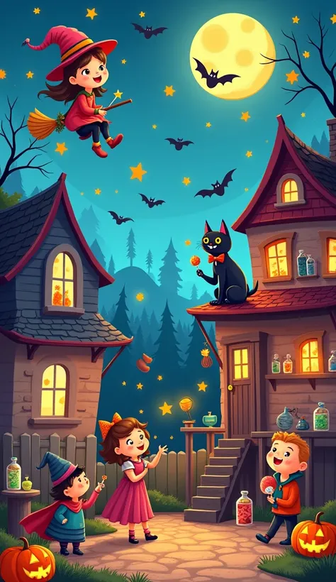 

**Pages :**


3. ** Witch on a broom ** } — A merry witch flies through the night sky on a broom ,  among stars .
4. ** Black cat on the fence **  — Curious black cat with big eyes sits on fence ,  looking at the moon .
5. ** House with ghosts **  — Not ...