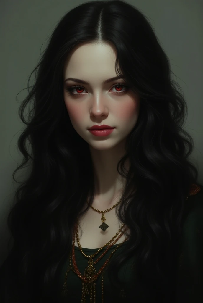 A woman
With a round face
Red eyes
Long full wavy hair
Full lips
Wearing medieval clothes.