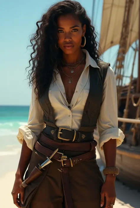  Imagine a dark-skinned pirate woman ,  with long curly hair that falls over her shoulders.  Her brown eyes shine with determination ,  and she wears large hoop earrings .  The outfit is typical of a pirate : a loose white blouse ,  a fitted leather vest a...