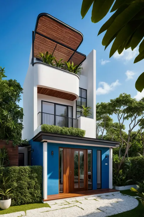 The house has 2 floors and 1 attic with a terrace. tall and narrow, modern design, steel gate and wooden details in harmonious color combination to flatter the eye. The outside is painted white, the front wall has many curves. Mix 6    outstanding colors w...