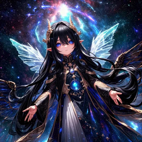 ((A small god)), ((figure of a  boy)), ((galaxy effect eyes)) (( long hair)) (( black hair )) bright eyes, ((ethereal wings))