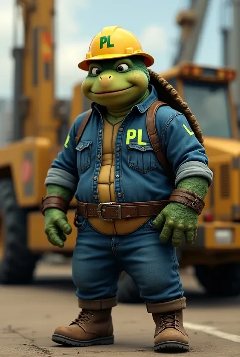 Turtle with jean shirt that says in the upper right part the words PL in green and the shirt is inside the pants  , with jeans and brown safety boots  ,  with yellow safety helmet that has the words PL in green  ;  driving a crane that is being transported...