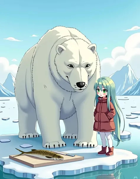 The stage is the Arctic 。 a big polar bear and a big girl on ice 、Light blue long hair girl、 a fish you caught 、Polar Bear、 A table on ice 、With a knife、 that fish is cooked .。
girl、&#39;s side、stand up、 how to handle it 、Watching。Im wearing a red down jac...