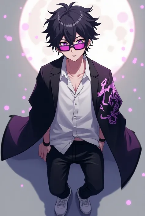 A 27-year-old boy ,  symbol he has slightly curly black hair ,  he has purple eyes and keylike pupils,  he wears purple sunglasses ,  a white shirt dress ,  a black haori with an oni ,  he wears black pants and white sneakers . He is an anime character