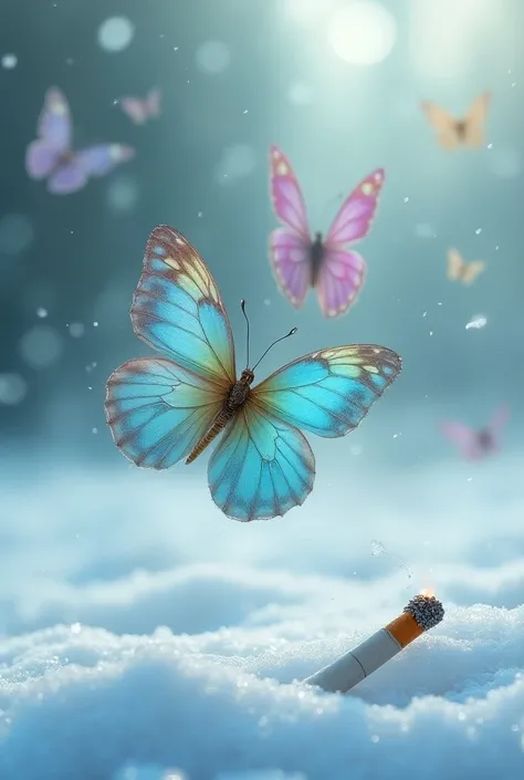  Clear Butterflies with Colorful Big Wings, Ice Area , Snowflakes , Foggy, , cigarette