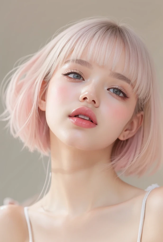 ((extremely realistic)), ( super real), generate a highly realistic image, white backdrop,,15-year-old female,毛先ピンク色のshort bob b...