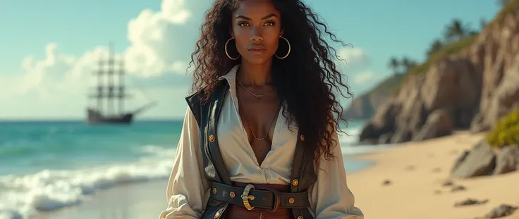  Imagine a dark-skinned pirate woman ,  with long curly hair that falls over her shoulders.  Her brown eyes shine with determination ,  and she wears large hoop earrings .  The outfit is typical of a pirate : a loose white blouse ,  a fitted leather vest a...