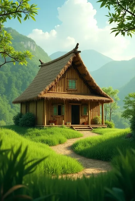 A home builded with bamboo, thatched roof around  gr‌asses on the hill