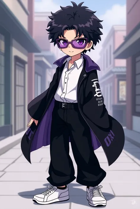 A 27-year-old boy , He has light skin,  symbol he has slightly curly black hair ,  he has purple eyes and keylike pupils,  he wears purple sunglasses ,  a white shirt dress ,  a black haori with an oni ,  he wears black pants and white sneakers . He is an ...