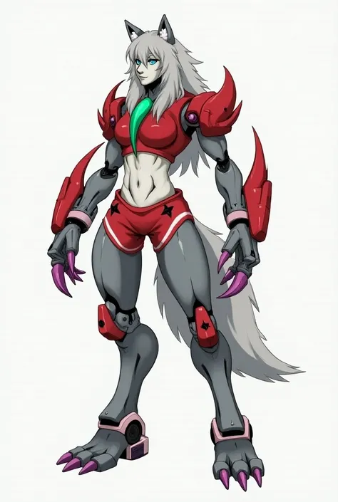 Wolf robot with human anatomy;  gray color with white details ; Red cropped and red shorts with black star design with purple claws;  red shoulder pads ;  long light gray hair with a green lock on the front; long hot 