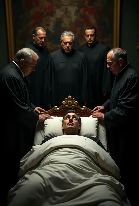 An image of the president of Spain Pedro Sánchez in his bed having a nightmare surrounded by judges of the Spanish supreme court.