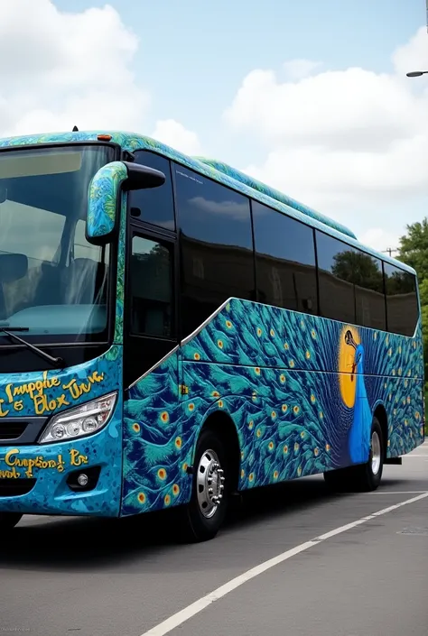 Create a vip ac tourist bus in bule and white color peacock image graffiti painting drawn in its outer part that gives catchy looks unique color texture attractive unique  side full bus view