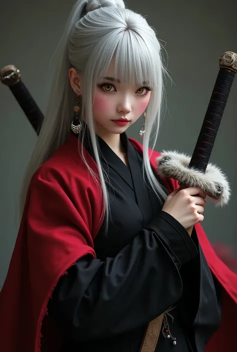 a japanese woman, white skin,  firm golden eyes , long silver hair ,  with a delicate fringe , pink lips,  more prominent canines  , wearing black samurai clothing ,  with a red cloak ,  black protectors on the cuffs of ,  with wolf paw earrings and dog pa...