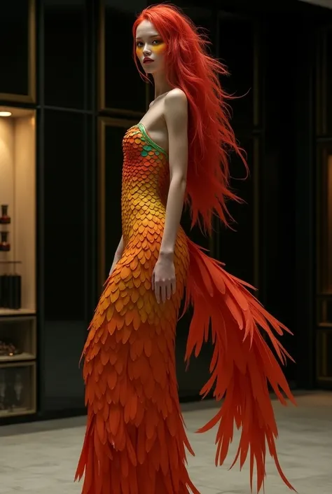 Tall , sculptural body,  long wet red hair , franja orange em degrade 
Maquiagem Sombra amarela nos olhos em degrade 
Vestido verde, orange, blue, bird feather style ,  model with tail 
Scenery :  luxury store black walls  