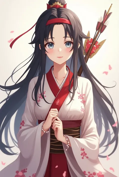 a woman, Light-skinned Japanese, With gentle light blue eyes,  longos cabelos negros , Wearing a fringe ,  with a red headband , reddish lips, with a gentle smile,  wearing a priestess outfit ,  a red envelope cover ,  and a white cape with Sakura details ...